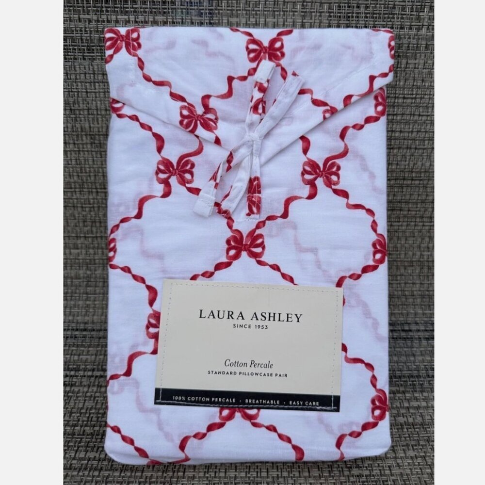 Laura Ashley Bow Ribbon Red Cotton Percale STANDARD Pillowcase Set 2pc